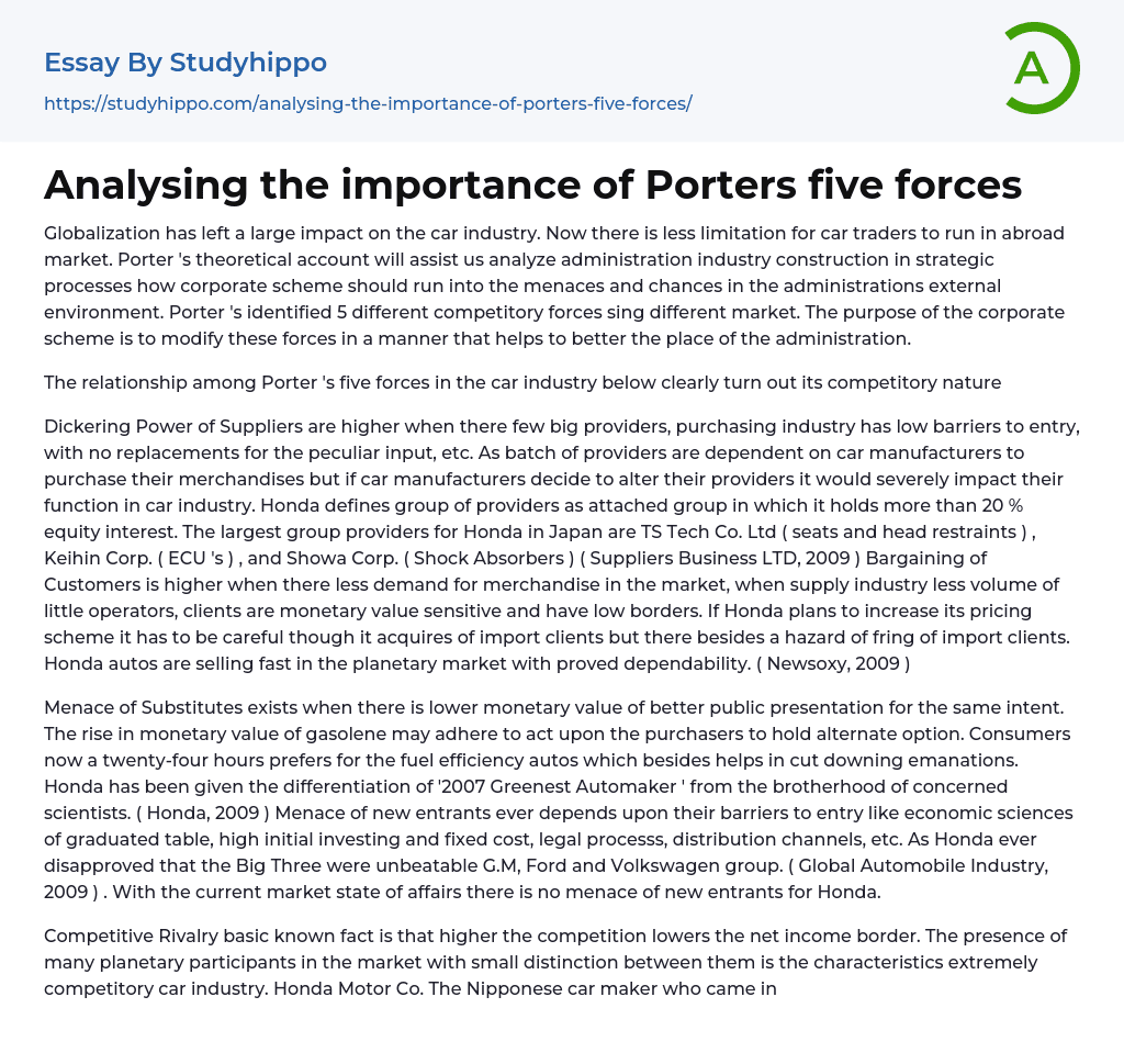 Analysing the importance of Porters five forces Essay Example