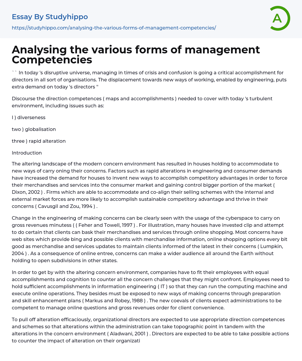 Analysing the various forms of management Competencies Essay Example