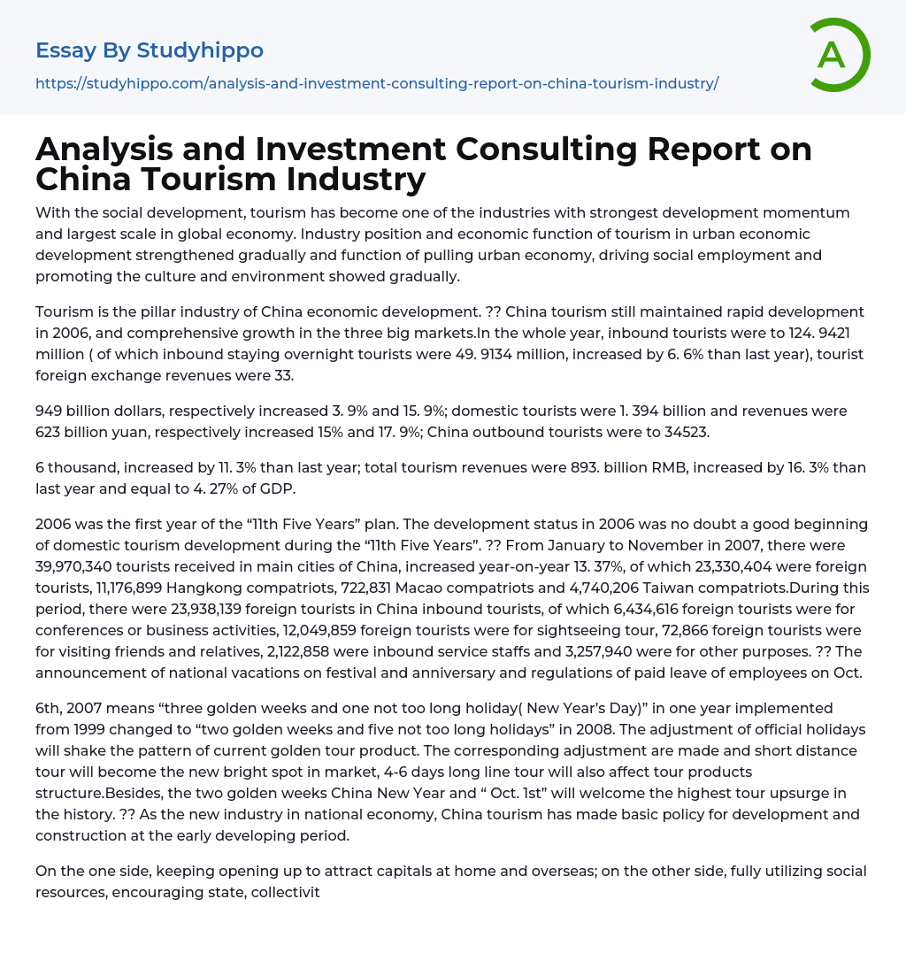 Analysis and Investment Consulting Report on China Tourism Industry Essay Example