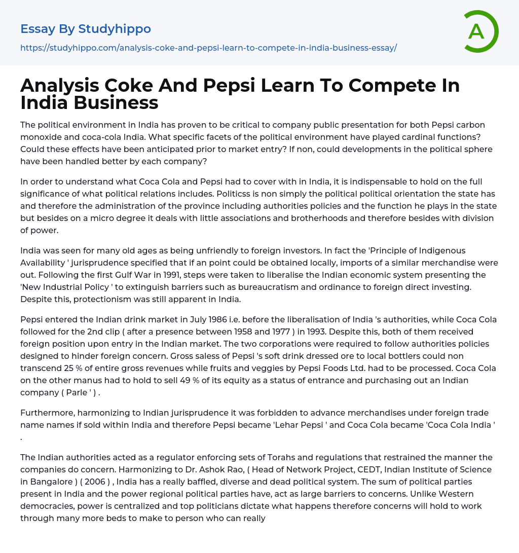 Analysis Coke And Pepsi Learn To Compete In India Business Essay Example