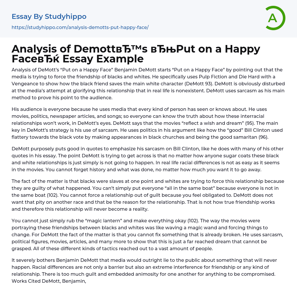 Analysis of Demott’s “Put on a Happy Face” Essay Example