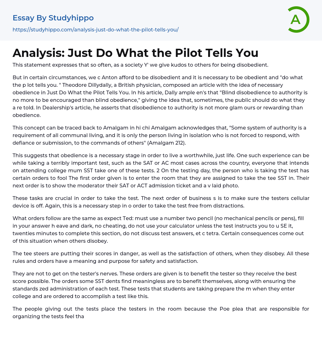 Analysis: Just Do What the Pilot Tells You Essay Example