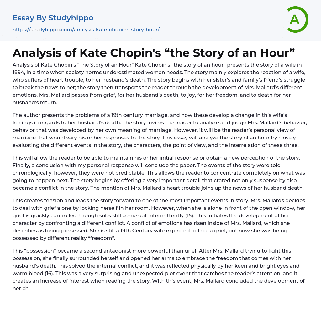 Analysis of Kate Chopin’s “the Story of an Hour” Essay Example