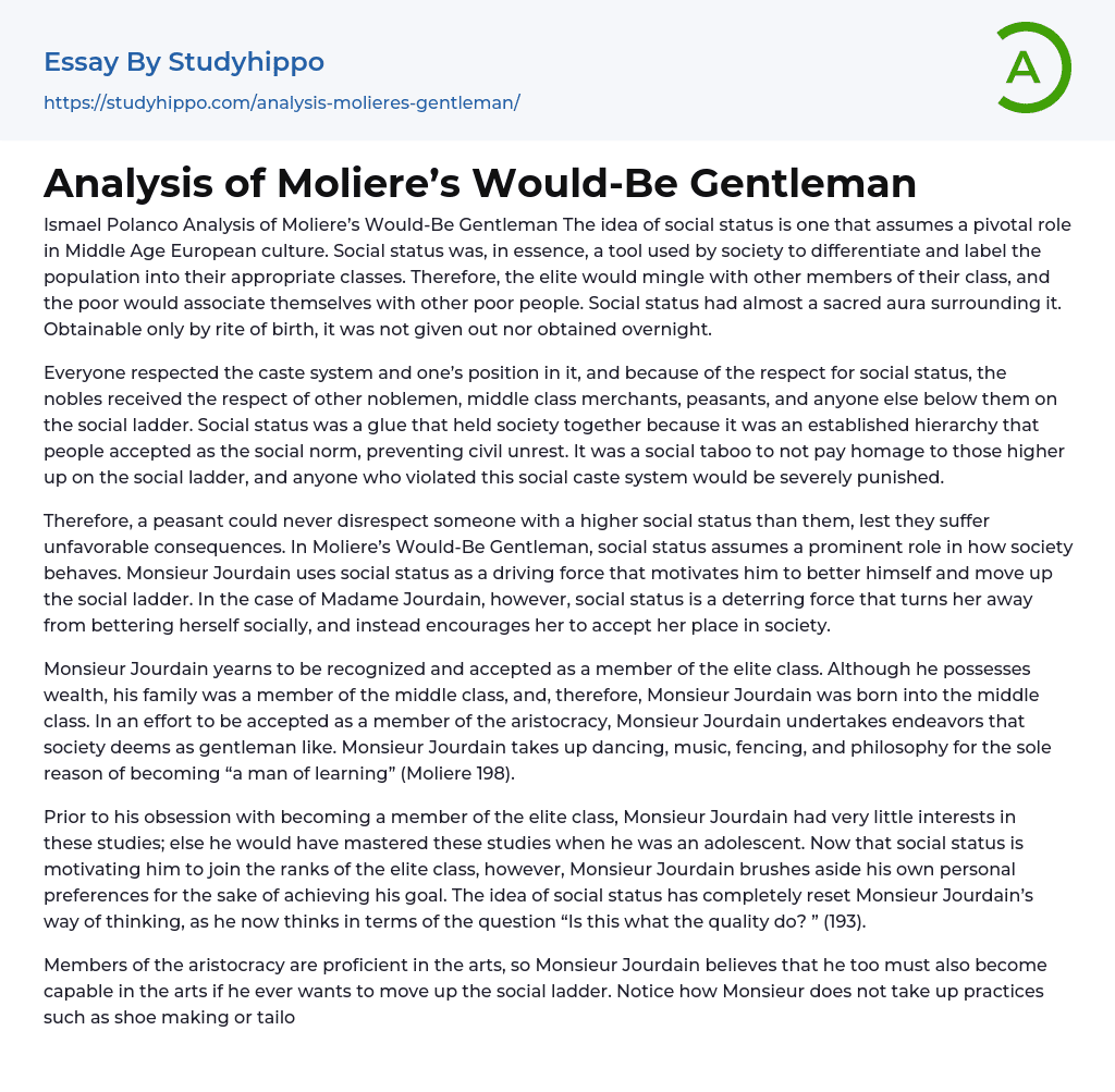 Analysis of Moliere’s Would-Be Gentleman Essay Example