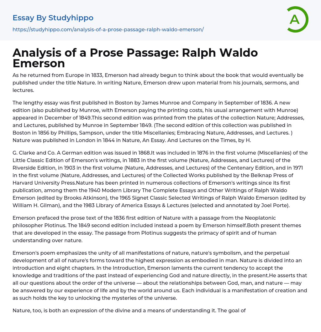 Analysis of a Prose Passage: Ralph Waldo Emerson Essay Example