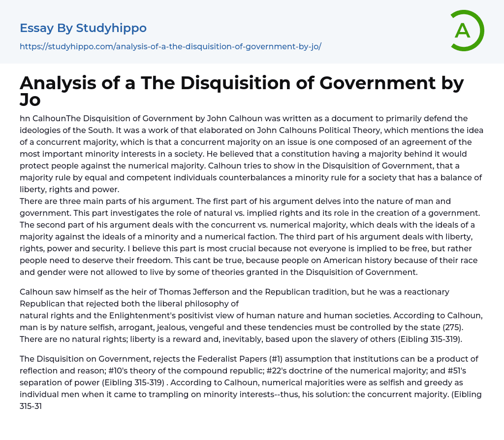 Analysis of a The Disquisition of Government by Jo Essay Example