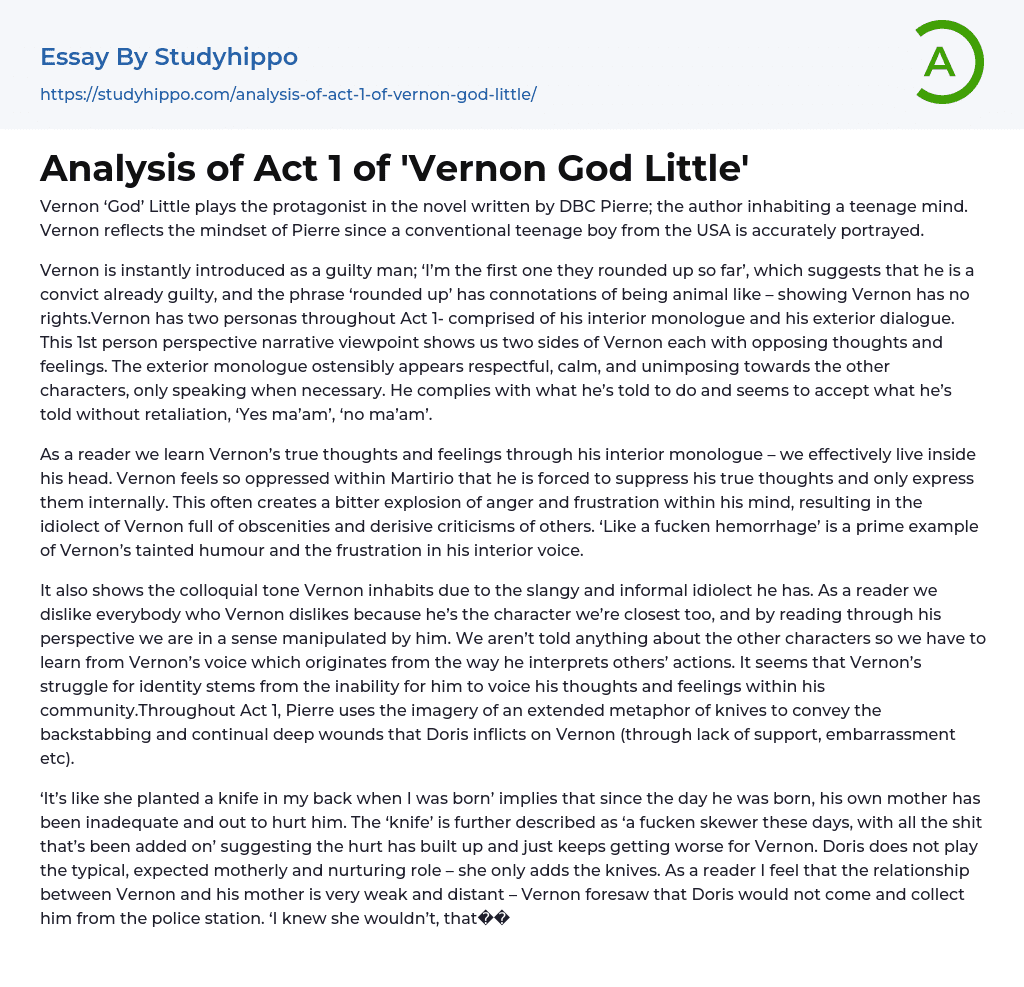 Analysis of Act 1 of ‘Vernon God Little’ Essay Example