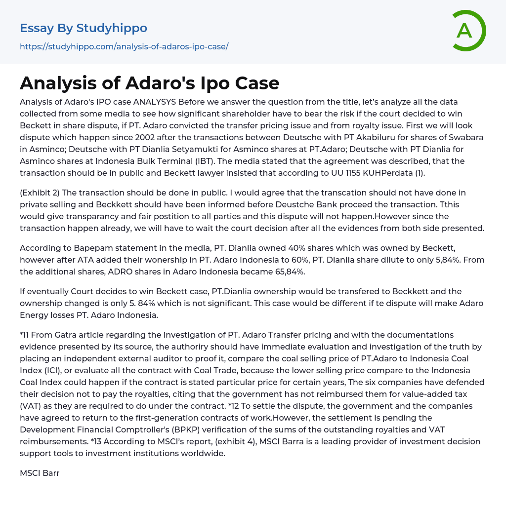 Analysis of Adaro’s Ipo Case Essay Example