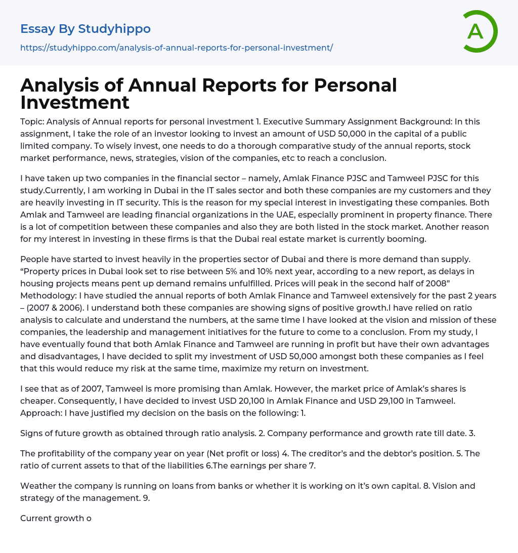 Analysis of Annual Reports for Personal Investment Essay Example
