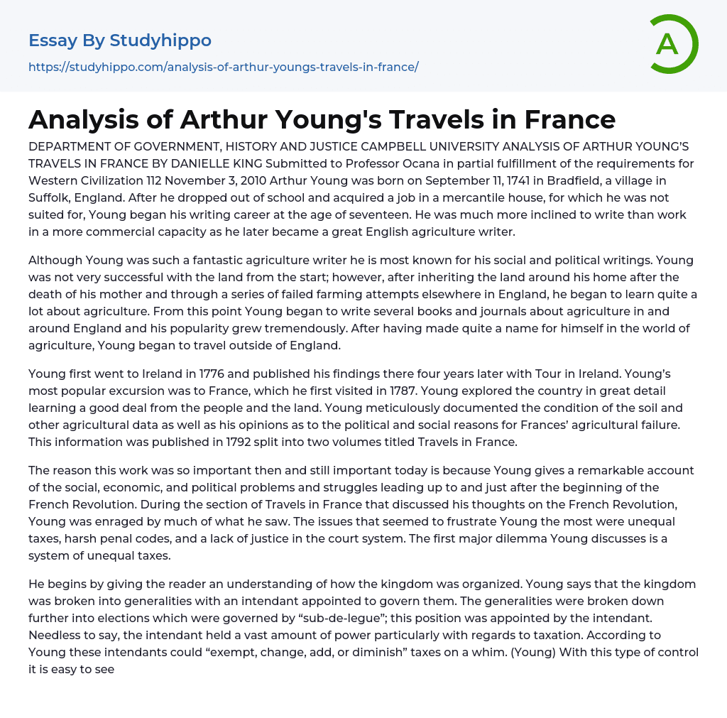 Analysis of Arthur Young’s Travels in France Essay Example