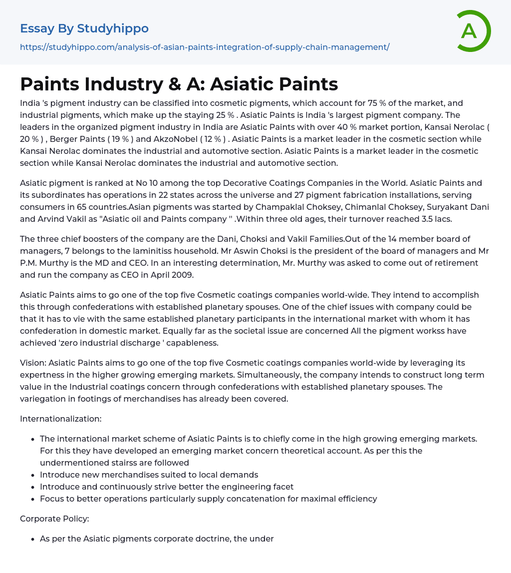 Paints Industry & A: Asiatic Paints Essay Example