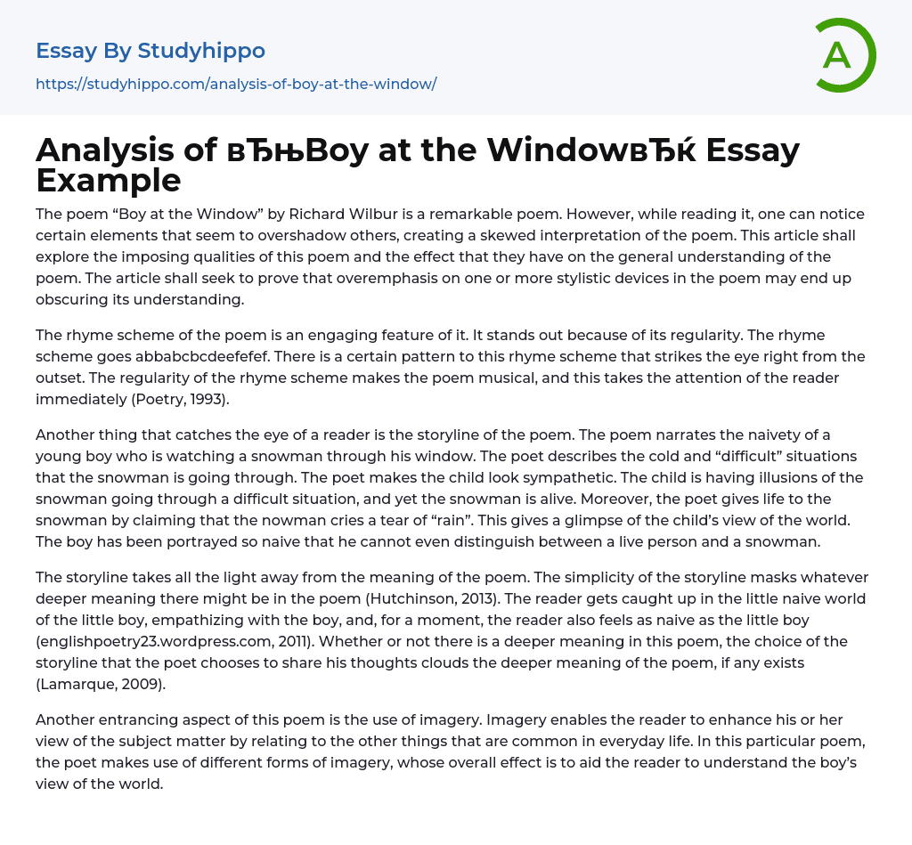Analysis of “Boy at the Window” Essay Example