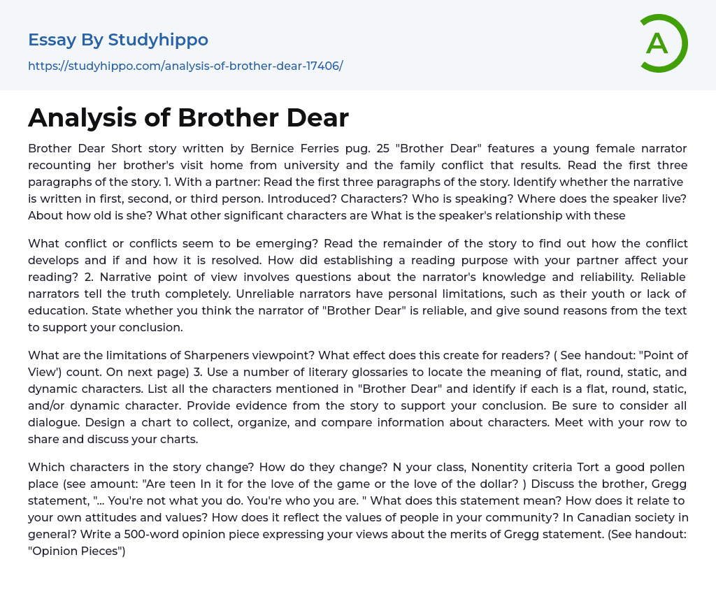Analysis of Brother Dear Essay Example