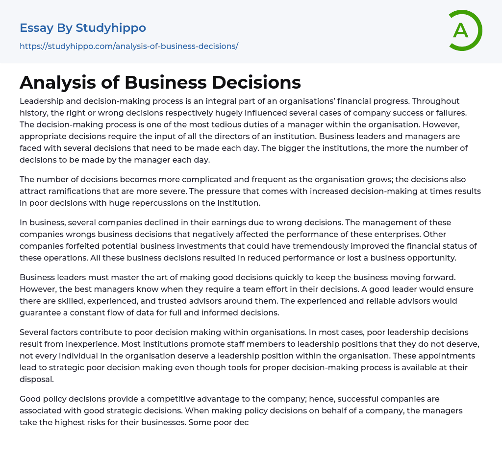 Analysis of Business Decisions Essay Example