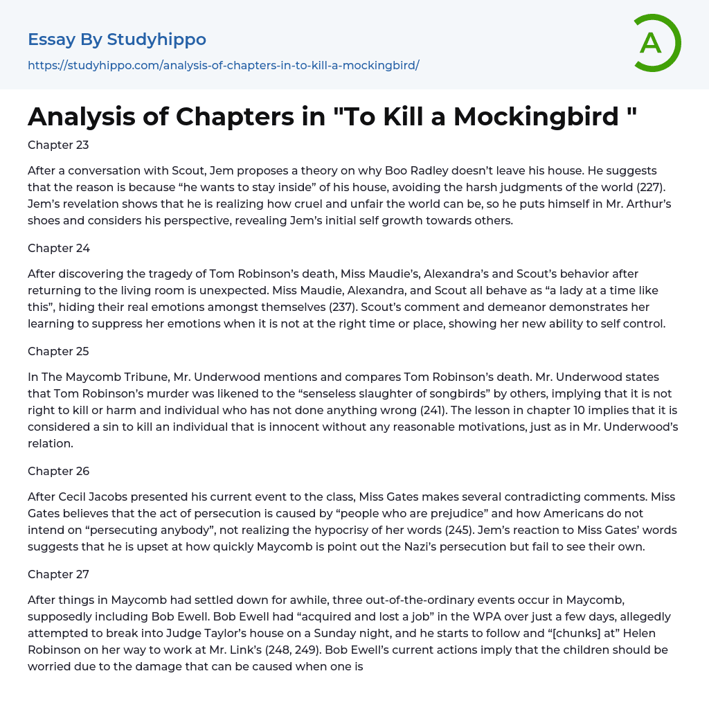 Analysis of Chapters in “To Kill a Mockingbird ” Essay Example
