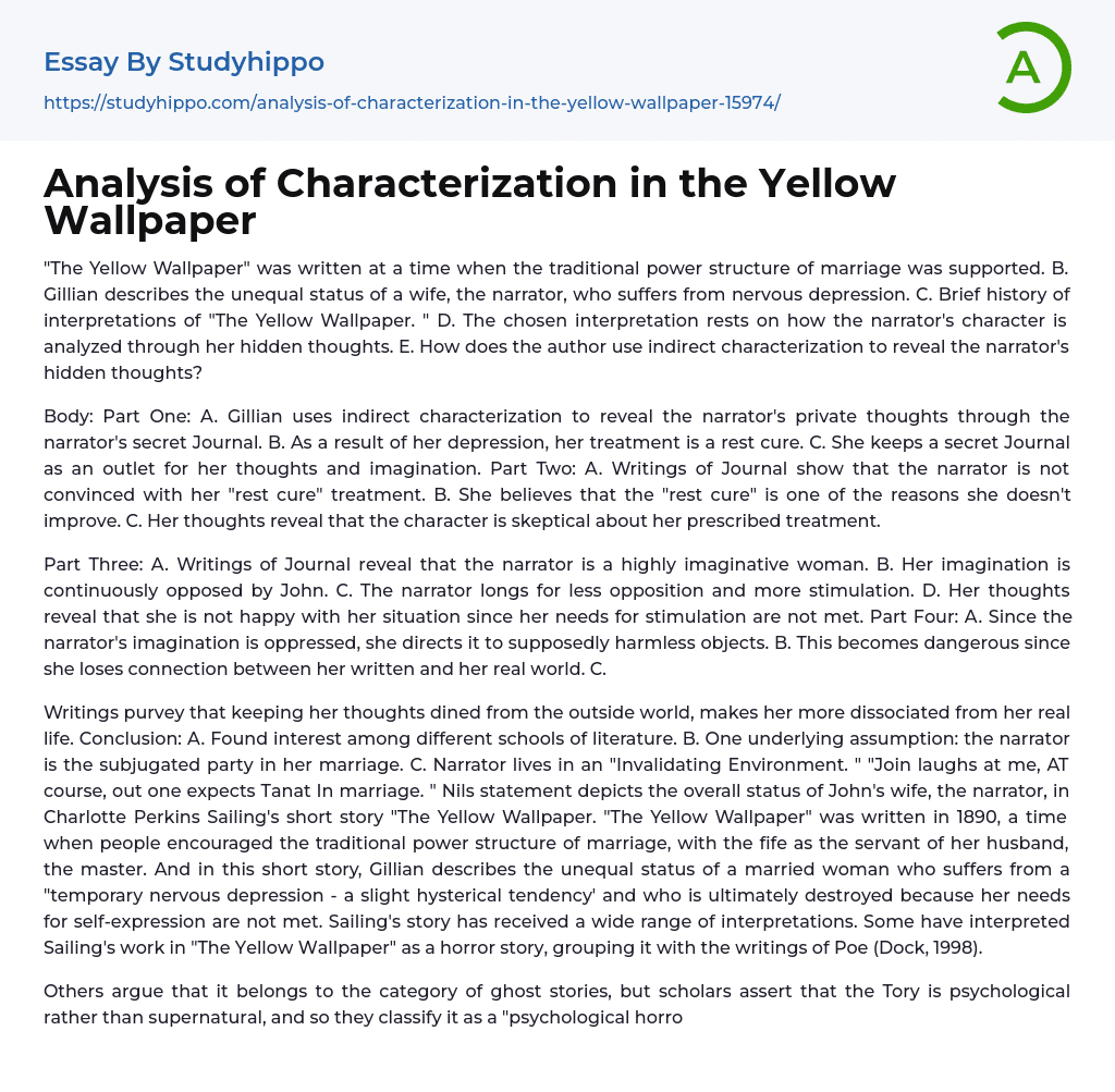 Analysis of Characterization in the Yellow Wallpaper Essay Example