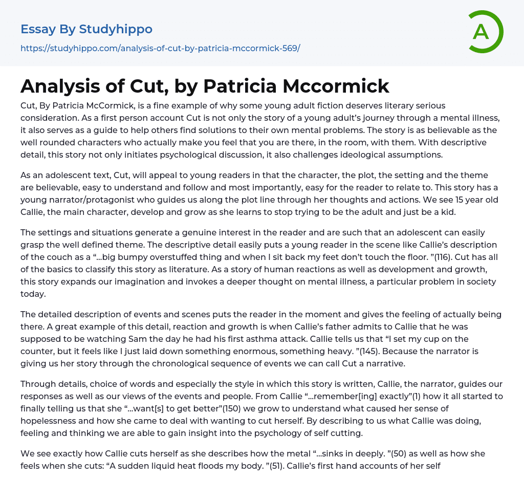 Analysis of Cut, by Patricia Mccormick Essay Example