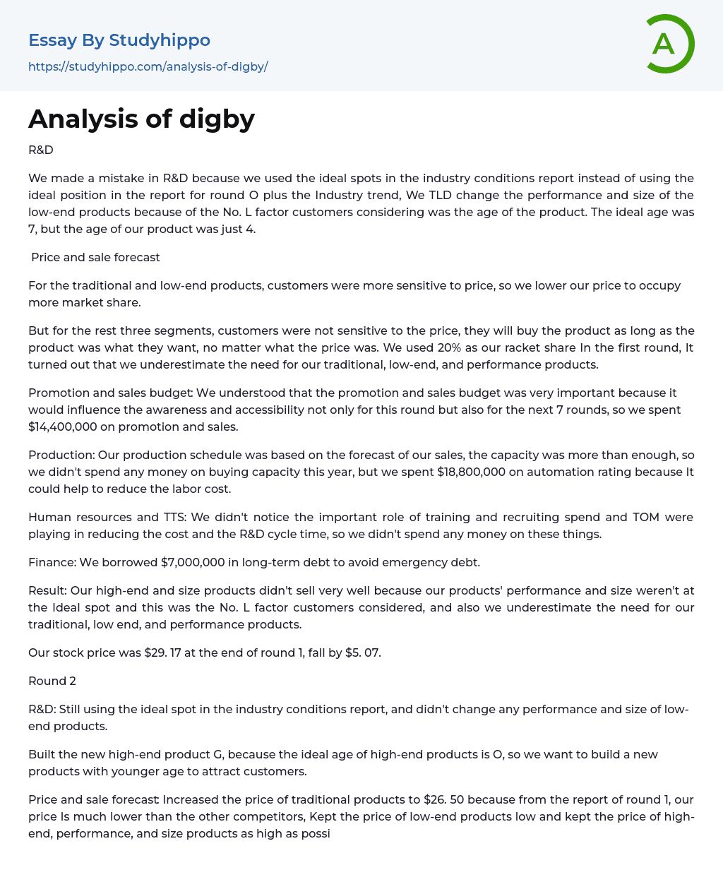 Analysis of digby Essay Example