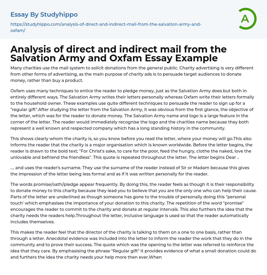 Analysis of direct and indirect mail from the Salvation Army and Oxfam Essay Example