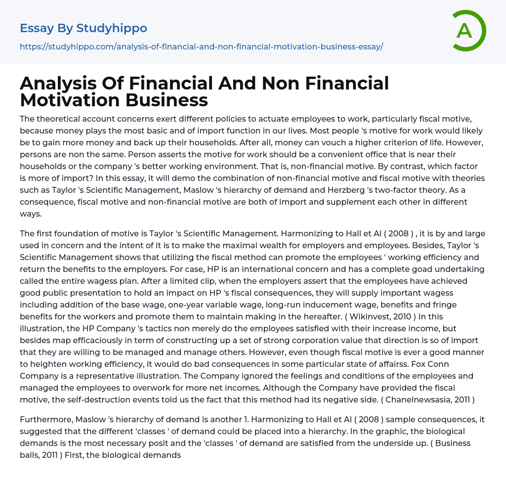 Analysis Of Financial And Non Financial Motivation Business Essay Example