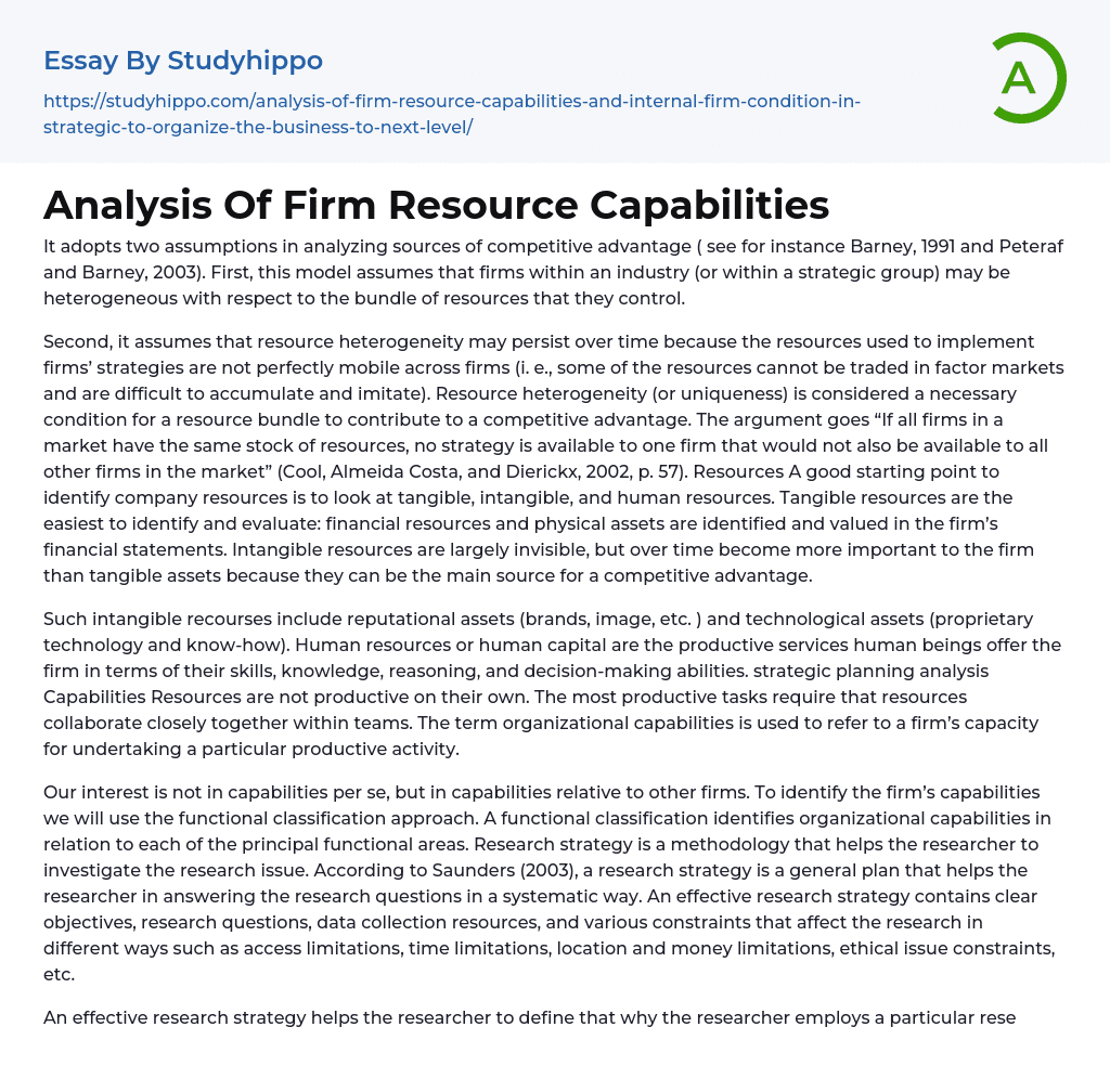 Analysis Of Firm Resource Capabilities Essay Example