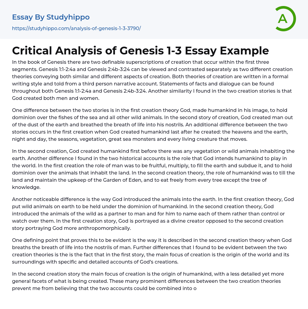 Critical Analysis of Genesis 1-3 Essay Example