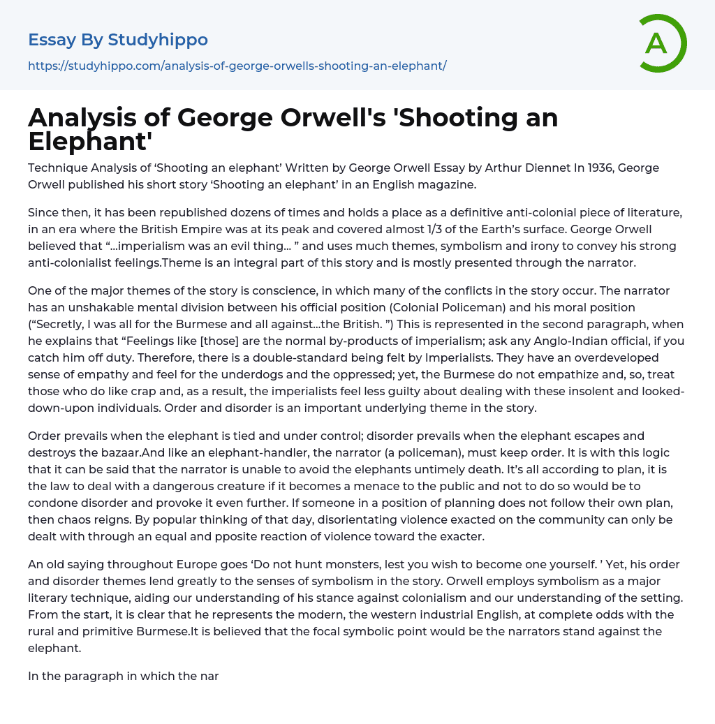 Analysis of George Orwell’s ‘Shooting an Elephant’ Essay Example