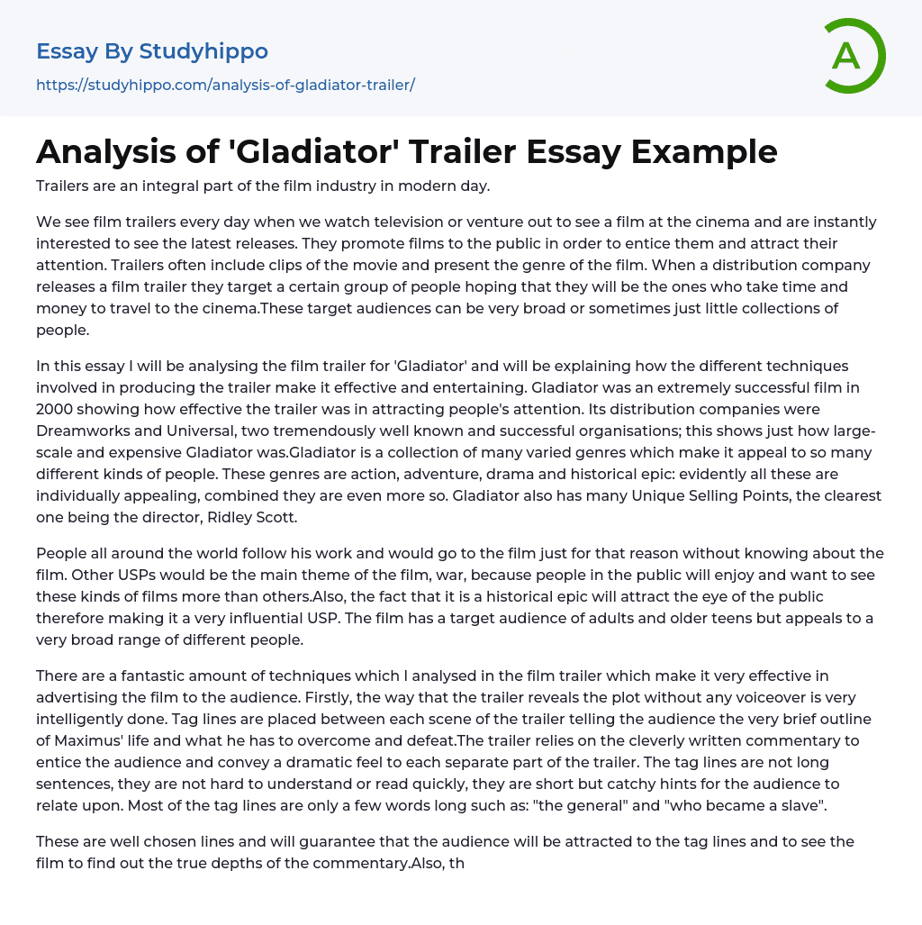 Analysis of ‘Gladiator’ Trailer Essay Example