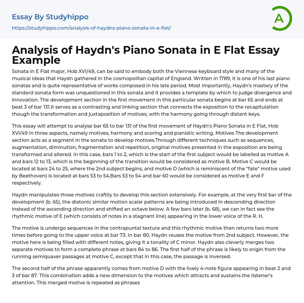 Analysis of Haydn’s Piano Sonata in E Flat Essay Example