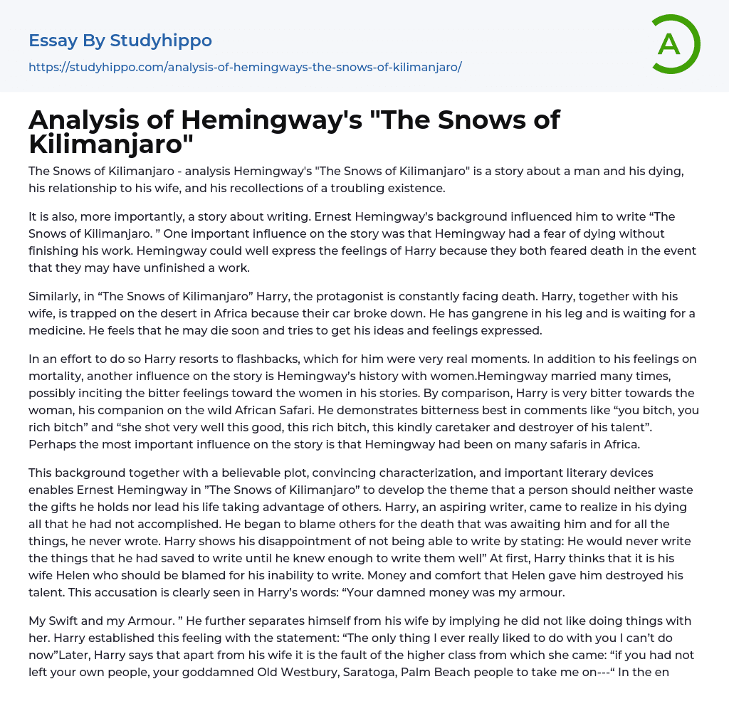 Analysis of Hemingway’s “The Snows of Kilimanjaro” Essay Example