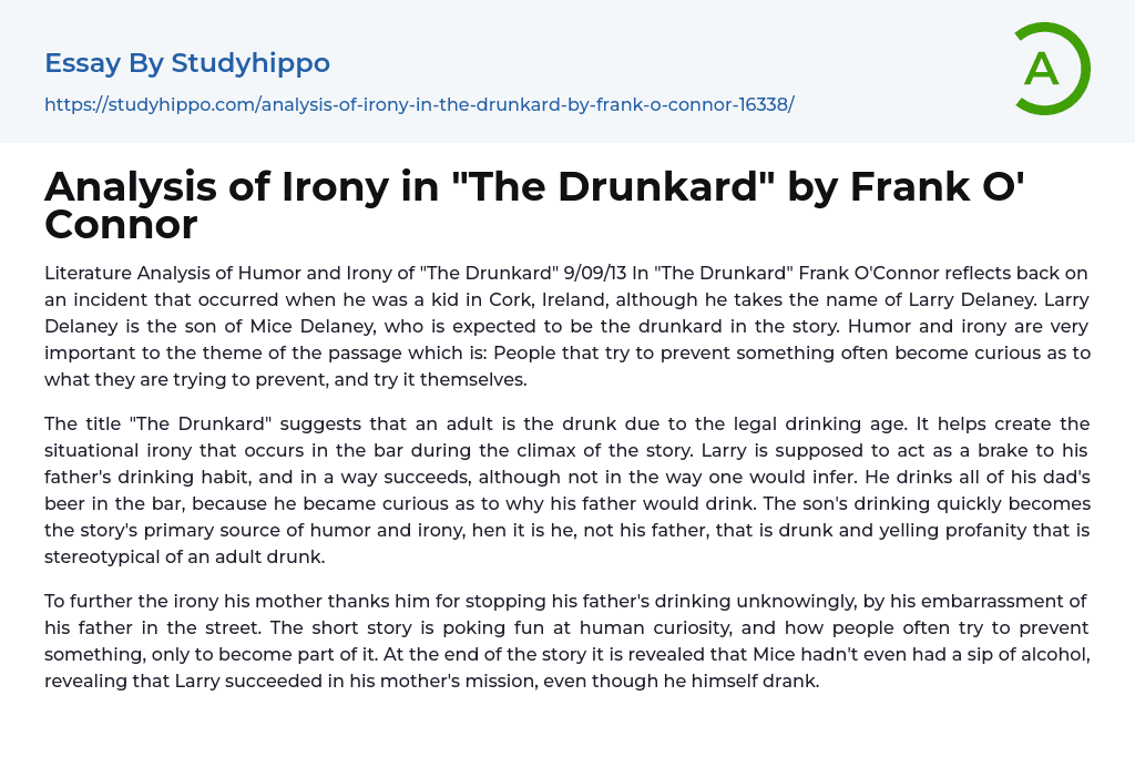 Analysis of Irony in “The Drunkard” by Frank O’ Connor Essay Example