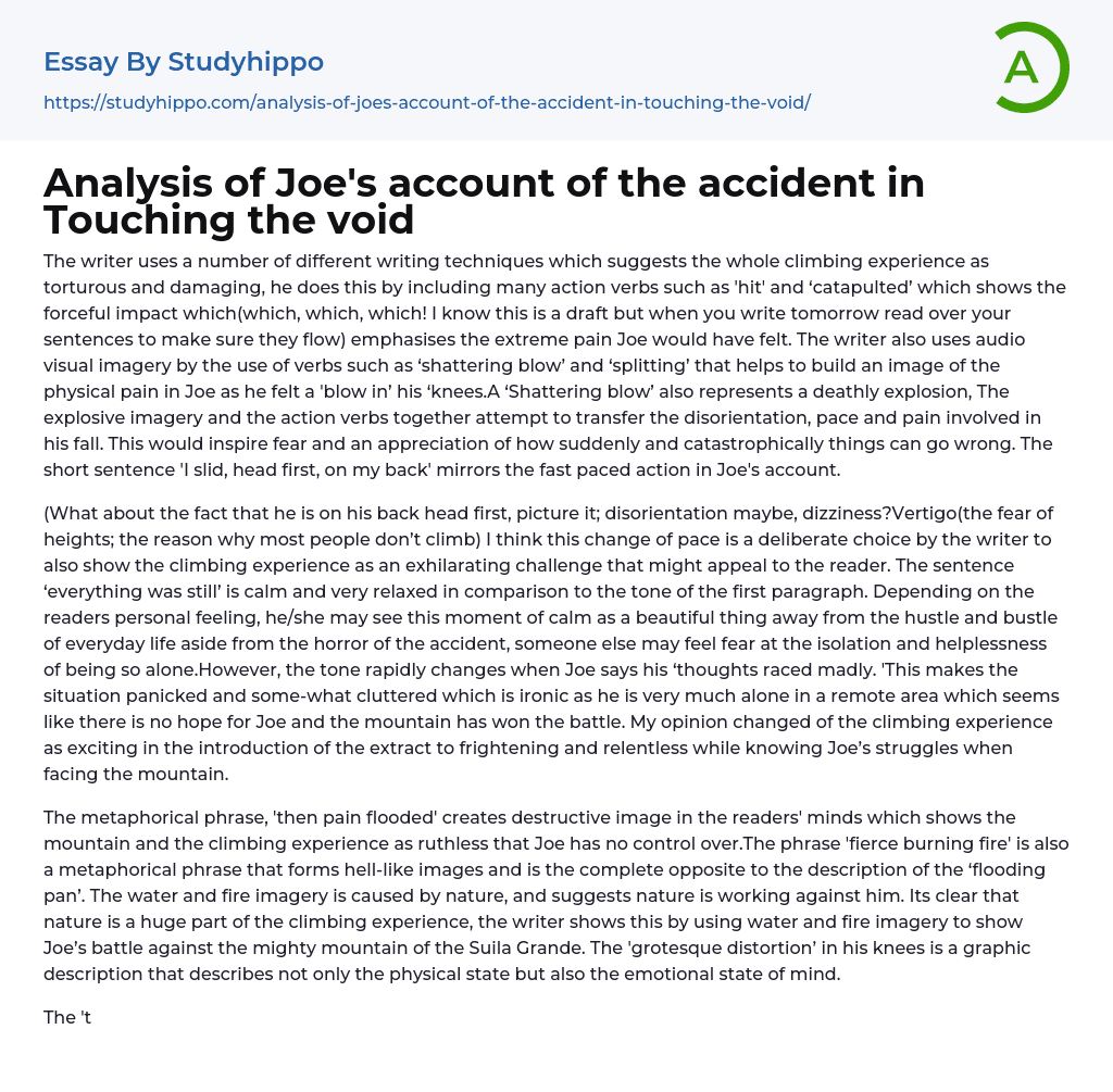 Analysis of Joe’s account of the accident in Touching the void Essay Example