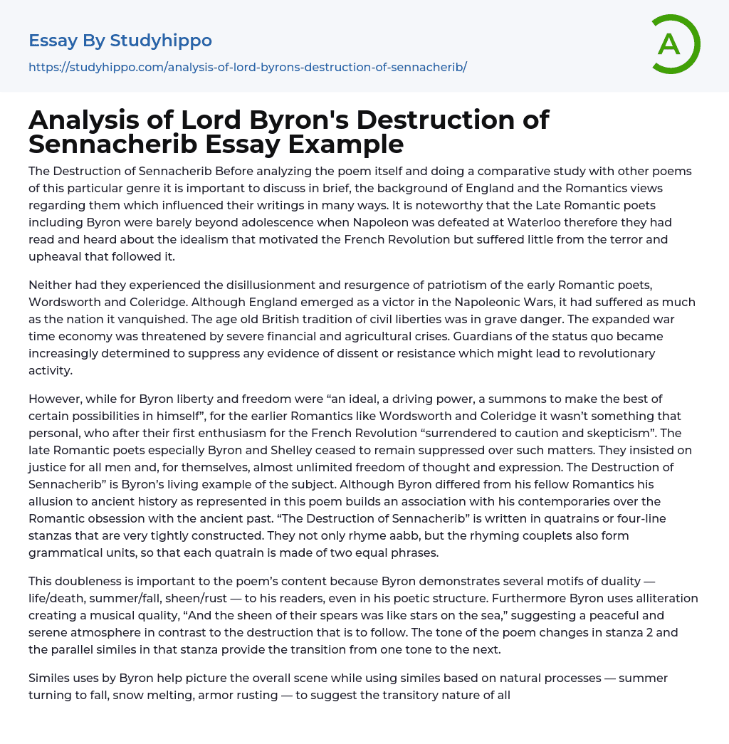 Analysis of Lord Byron’s Destruction of Sennacherib Essay Example