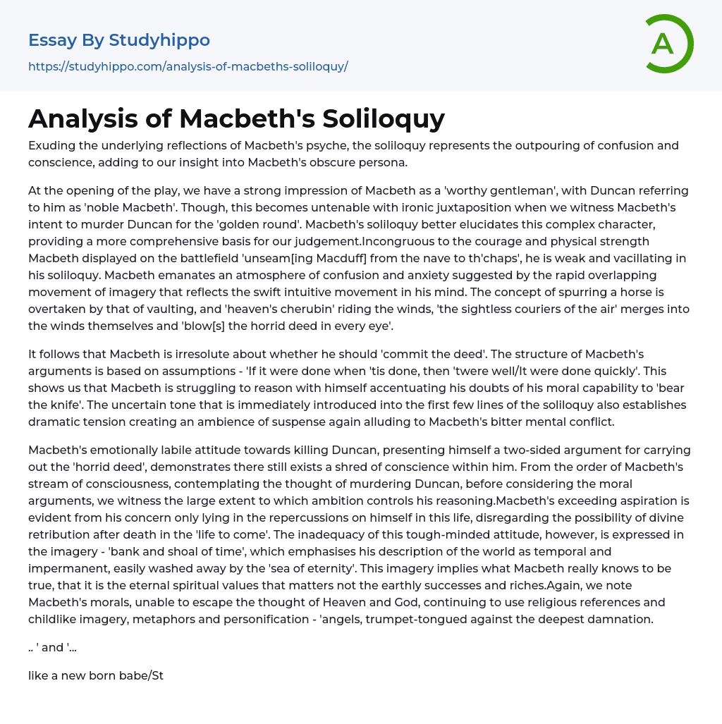 Analysis of Macbeth’s Soliloquy Essay Example