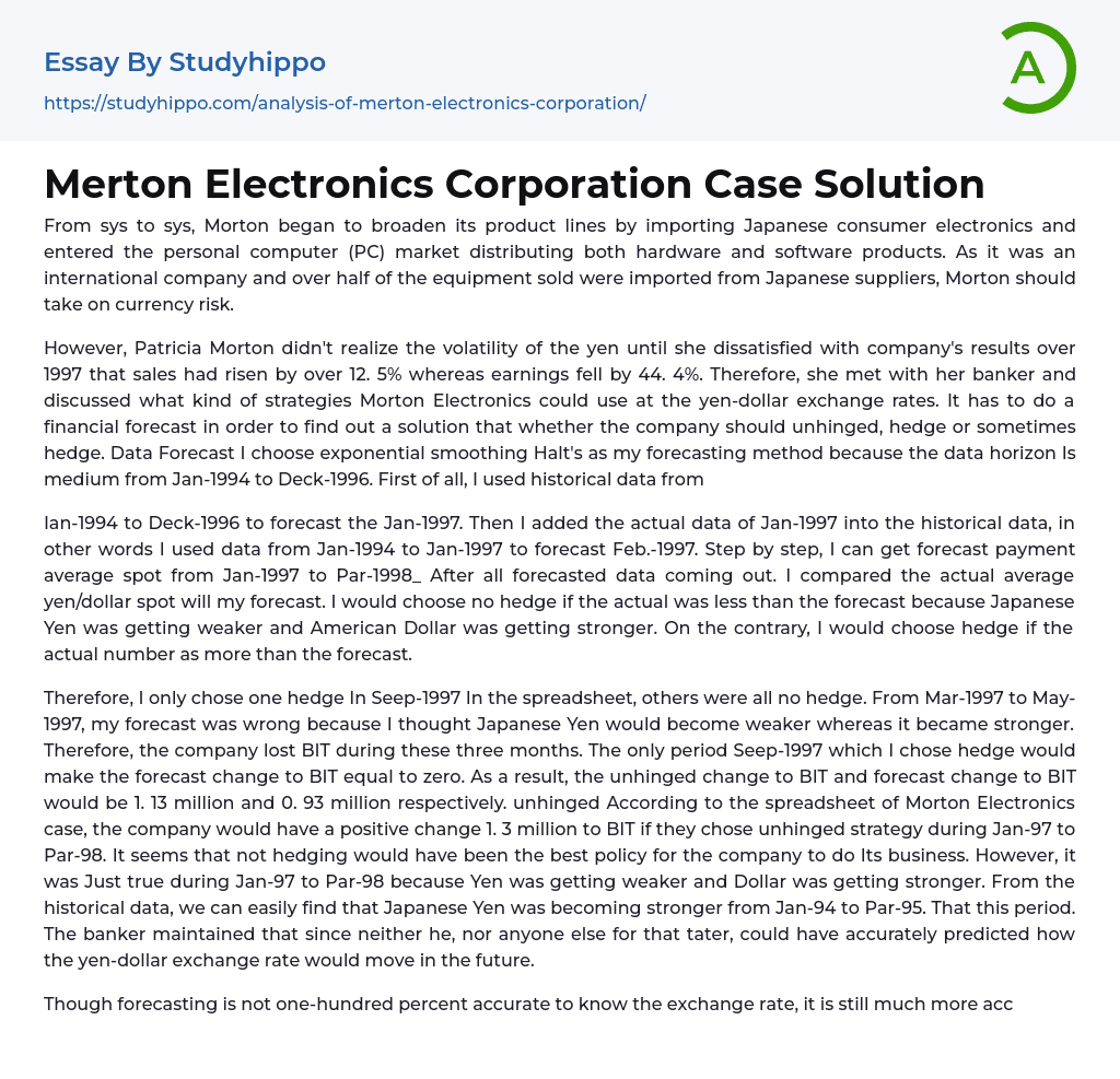 Merton Electronics Corporation Case Solution Essay Example
