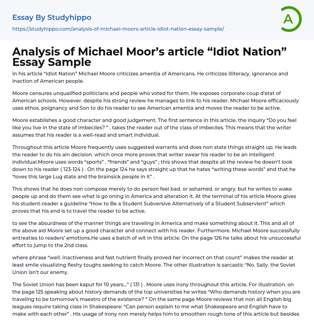 Analysis of Michael Moor’s article “Idiot Nation” Essay Sample