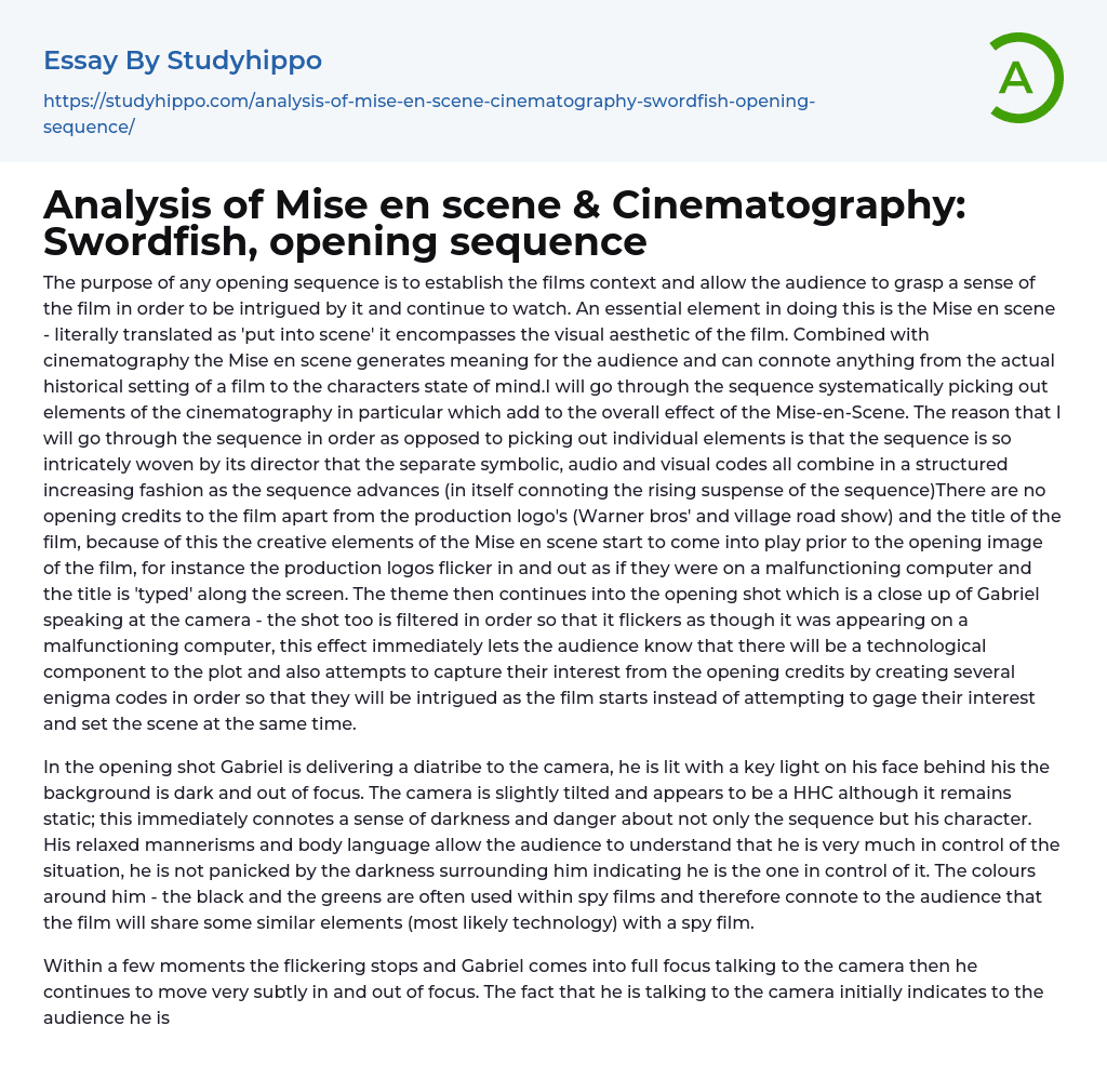 Analysis of Mise en scene & Cinematography: Swordfish, opening sequence Essay Example
