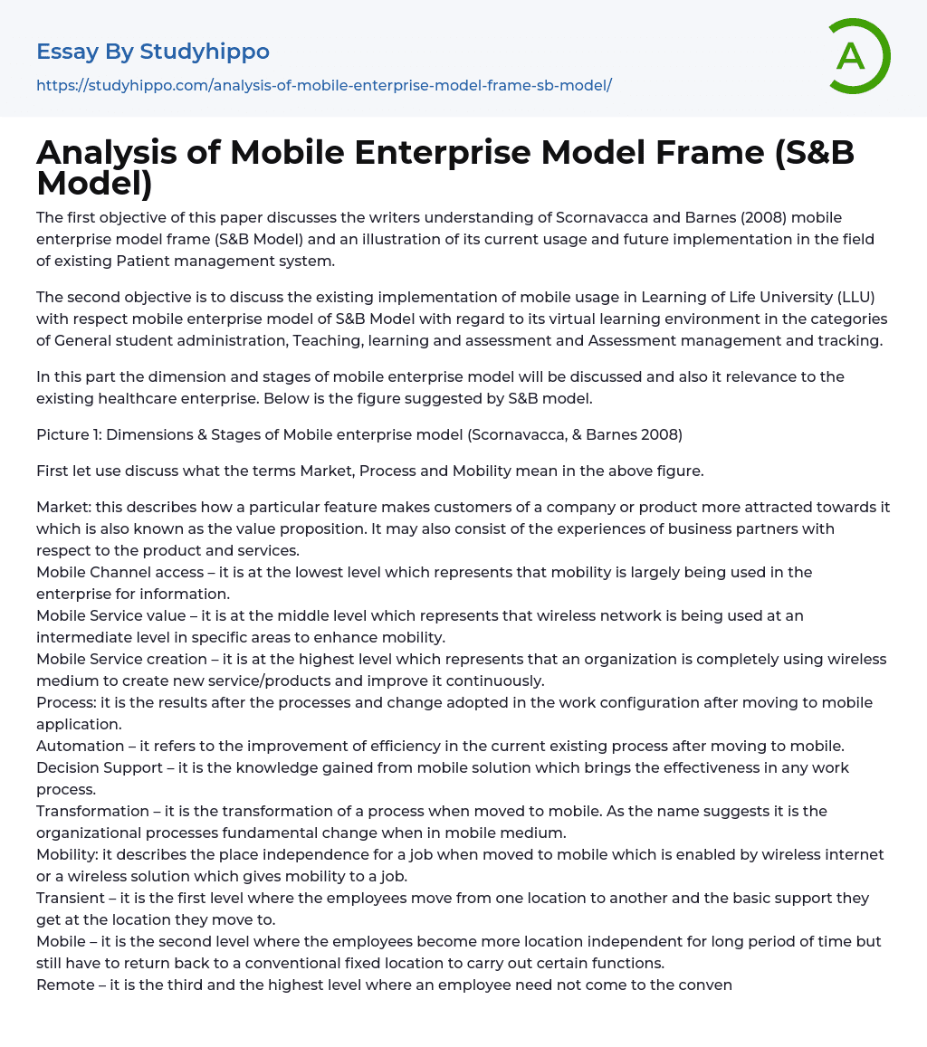 Analysis of Mobile Enterprise Model Frame (S&B Model) Essay Example