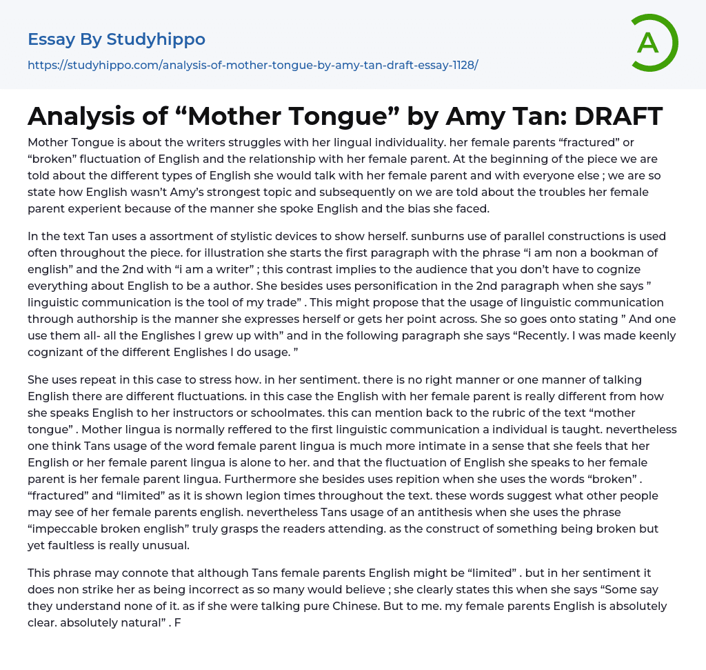 Analysis of “Mother Tongue” by Amy Tan: DRAFT Essay Example