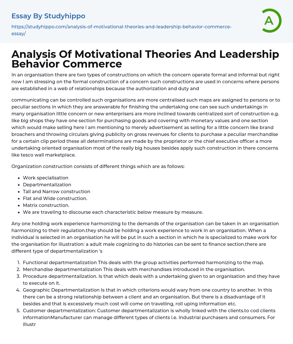 Analysis Of Motivational Theories And Leadership Behavior Commerce Essay Example
