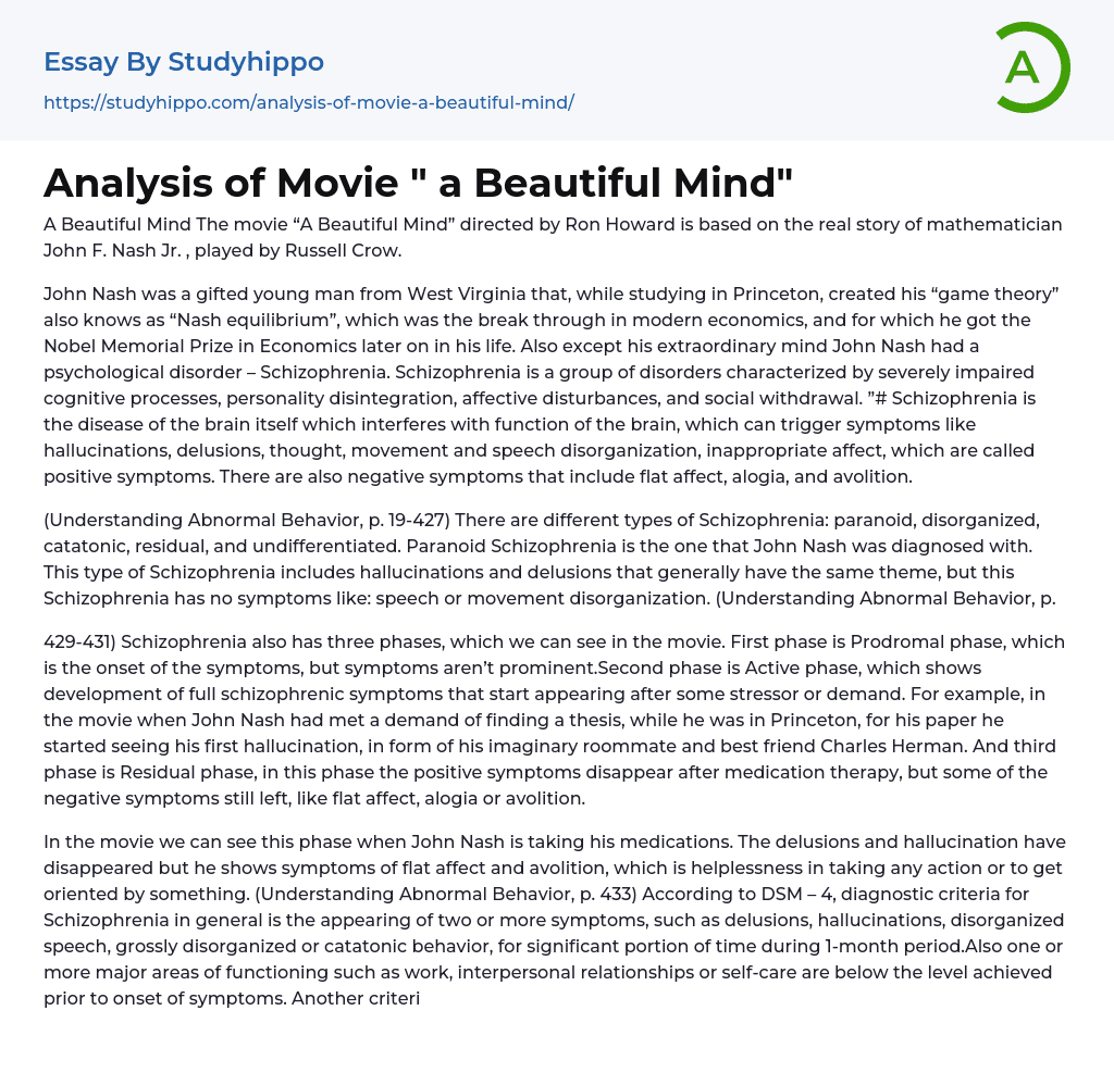 Analysis of Movie ” a Beautiful Mind” Essay Example