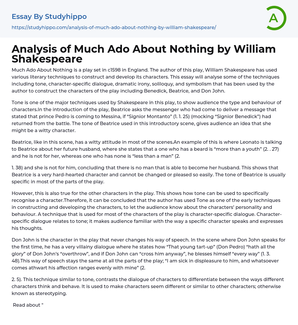 Analysis of Much Ado About Nothing by William Shakespeare Essay Example