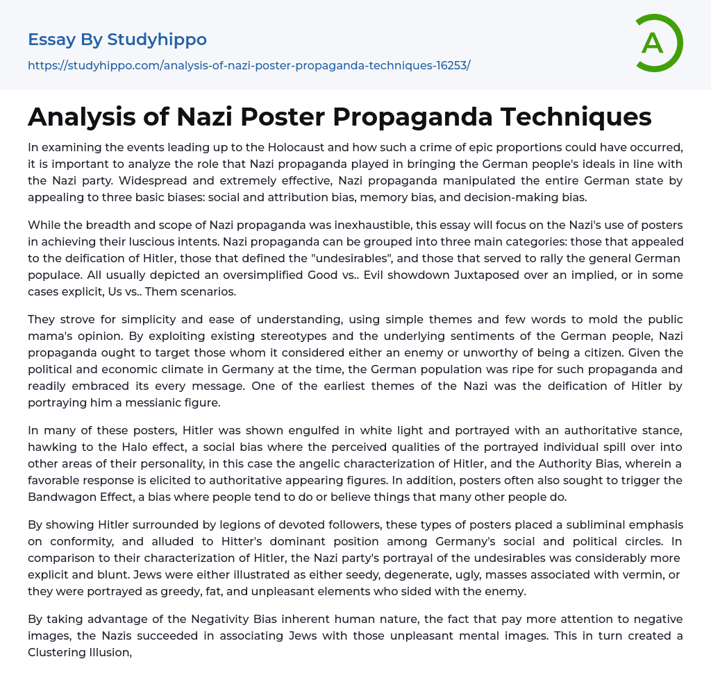 Analysis of Nazi Poster Propaganda Techniques Essay Example