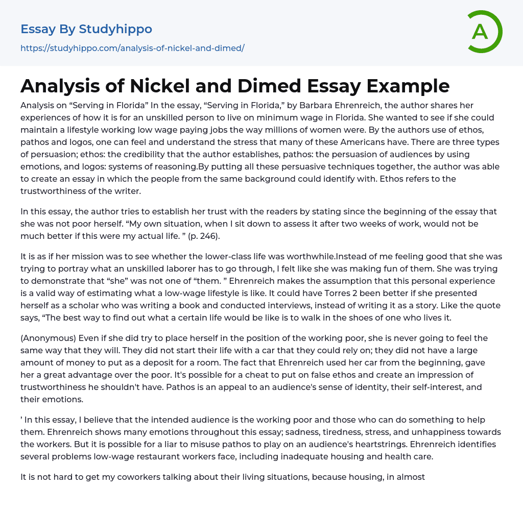 Analysis of Nickel and Dimed Essay Example