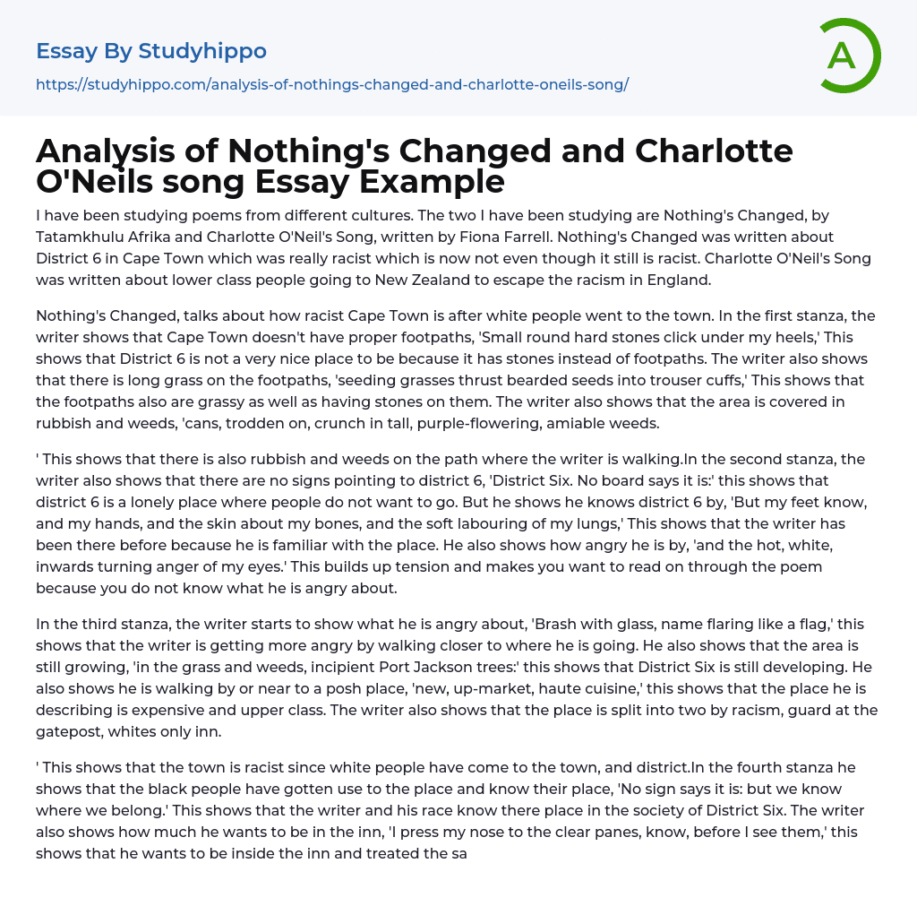 Analysis of Nothing’s Changed and Charlotte O’Neils song Essay Example