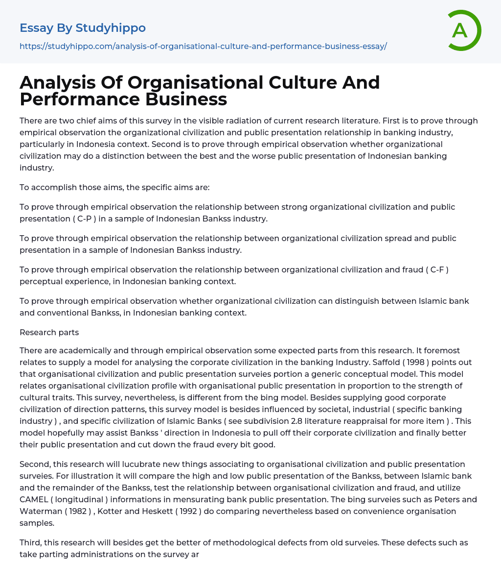 Analysis Of Organisational Culture And Performance Business Essay Example