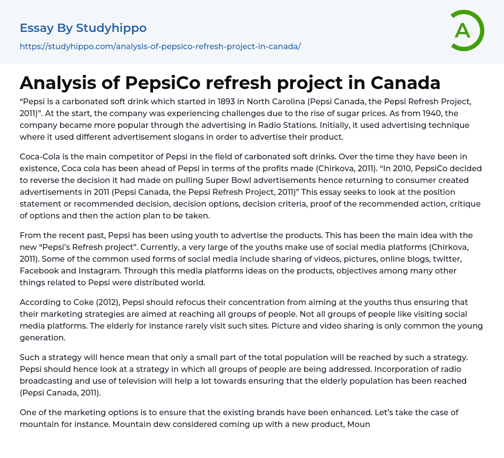 Analysis of PepsiCo refresh project in Canada Essay Example