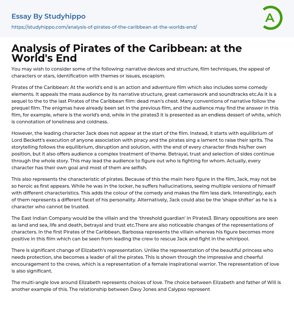Analysis of Pirates of the Caribbean: at the World’s End Essay Example