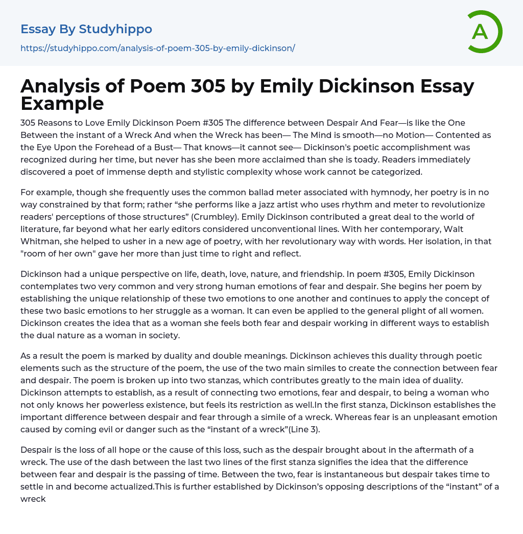 Analysis of Poem 305 by Emily Dickinson Essay Example