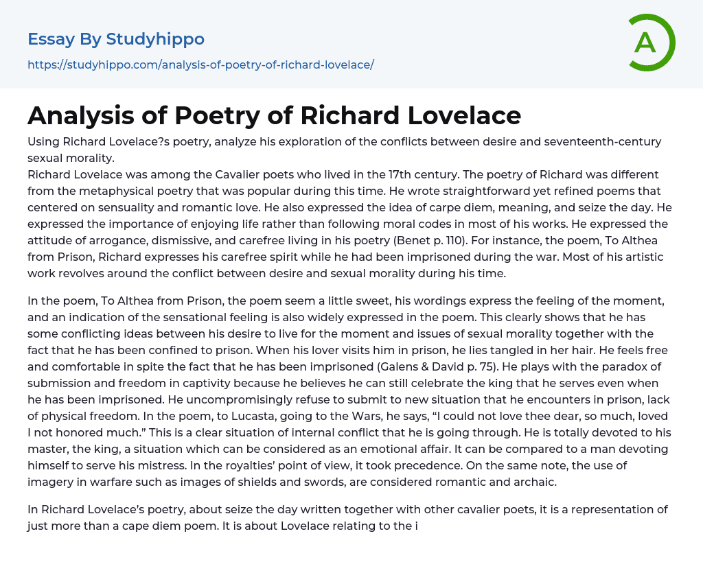 Analysis of Poetry of Richard Lovelace Essay Example